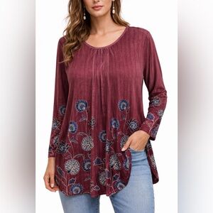 Timeson 3/4 Sleeve Blouse Women’s Size XL Burgundy color with navy blue flowers